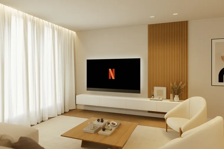 Render da sala de estar do apartamento Marques Junior, em Rio Tinto