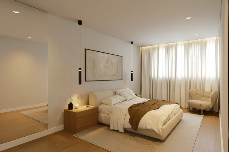 Quarto com roupeiro e cortinados