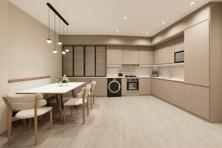 Cozinha e sala de jantar em plano aberto